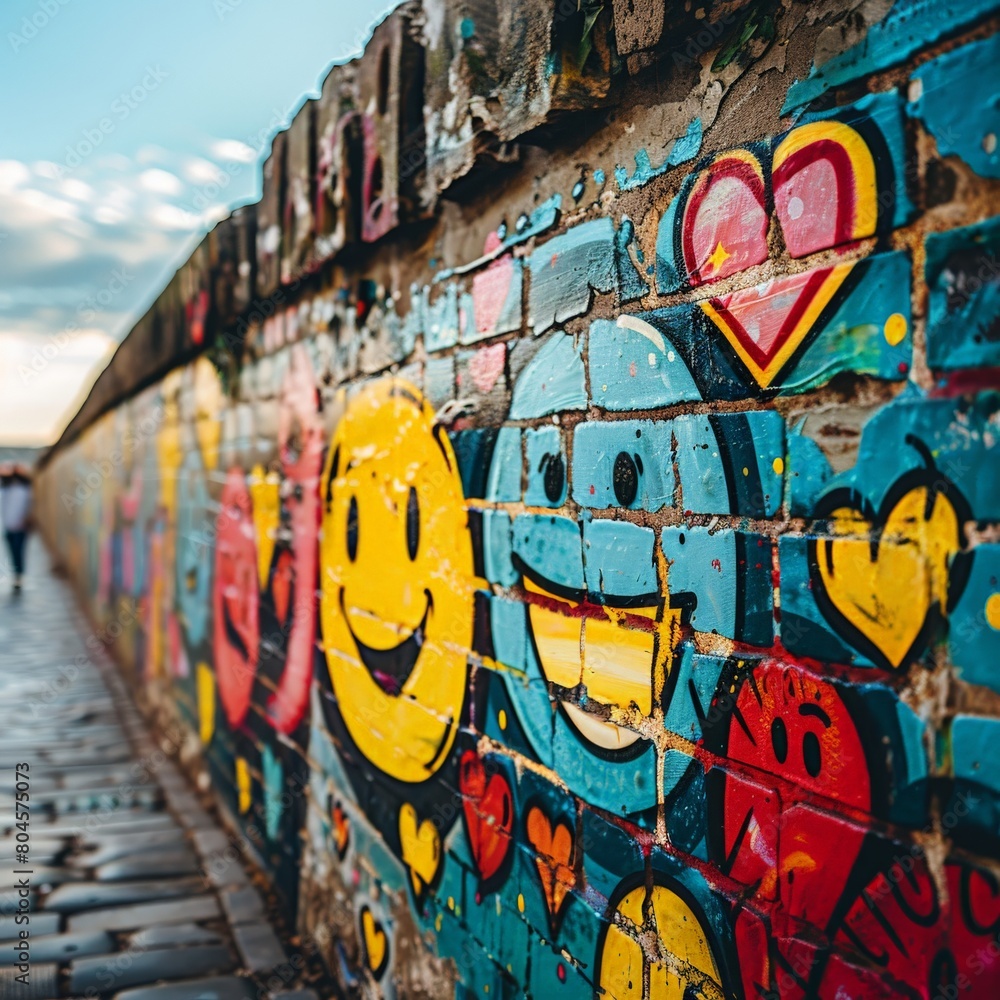 Smiley Faces Graffiti on Brick Wall