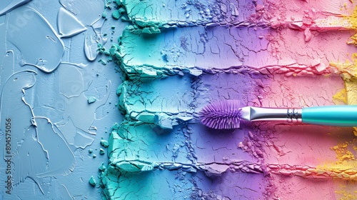  A tight shot of a bristle brush against a mosaic wall's multicolored sections, revealing paint chips curling from its edge