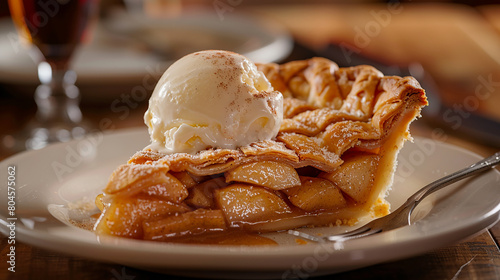 A slice of classic apple pie with a flaky golden crust, filled with cinnamon-spiced apples and served warm with a scoop of vanilla ice cream on top.