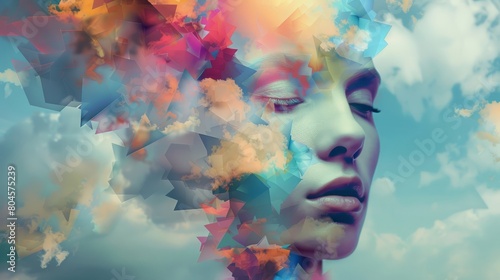 A human face dissolving into a cloud of colorful geometric shapes, creating a dreamlike abstract composition.  photo