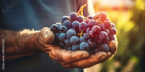 A farmer holds a bunch of grapes in his hands. Close-up of harvesting. Generative AI.