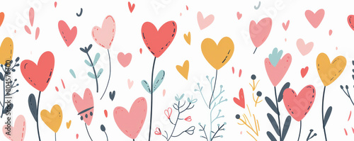 A colorful drawing of flowers and hearts. The flowers are in various sizes and colors, and the hearts are scattered throughout the image. Scene is cheerful and romantic, with the flowers