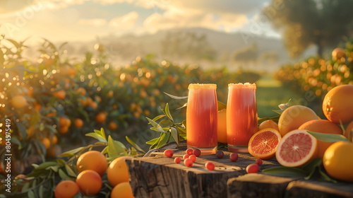 glass of orange juice on a plantation photo