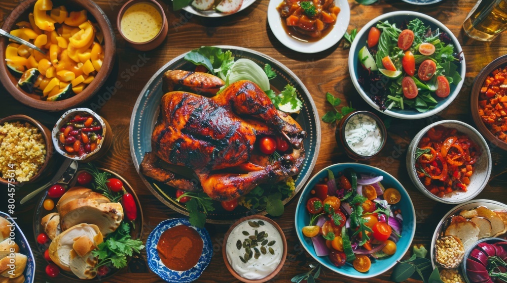 A festive celebration with a whole grilled chicken as the centerpiece, surrounded by vibrant side dishes.