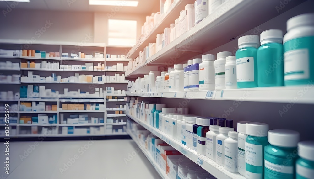 Shelves of various pharmaceutical and medical products in a pharmacy