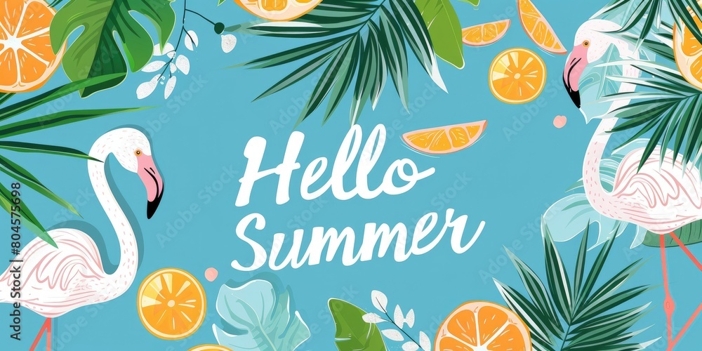 A flat vector illustration of summer theme with text Hello Summer in white, featuring palm leaves and oranges, white flamingo on light blue background, cute style A flat vector illustration of summer theme with text Hello Summer in white, featuring palm leaves and oranges, white flamingo on light blue background, cute style