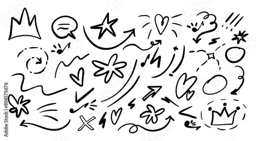 Hand drawn doodles design elements. Vector brush drawn. Cute doodle symbols.