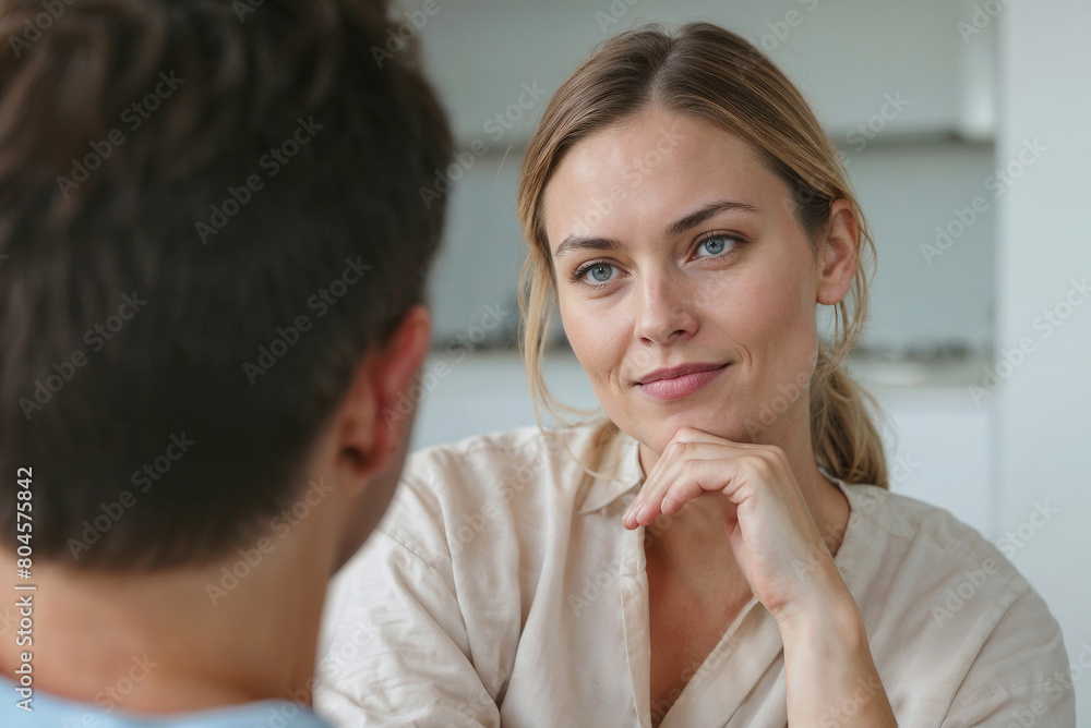Family psychologist European woman talking to a client. A man and a woman are sitting on the sofa, the woman is looking at the man with a smile on her face Family psychologist European woman talking to a client. A man and a woman are sitting on the sofa, the woman is looking at the man with a smile on her face