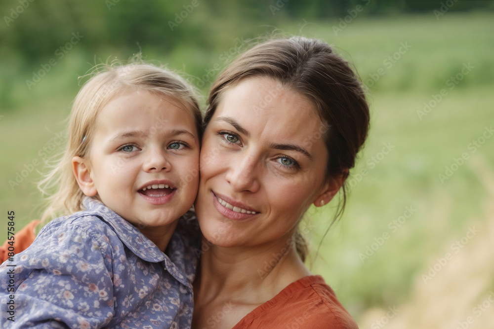 Mother and daughter hugging in countryside on blurred green background Mother and daughter hugging in countryside on blurred green background