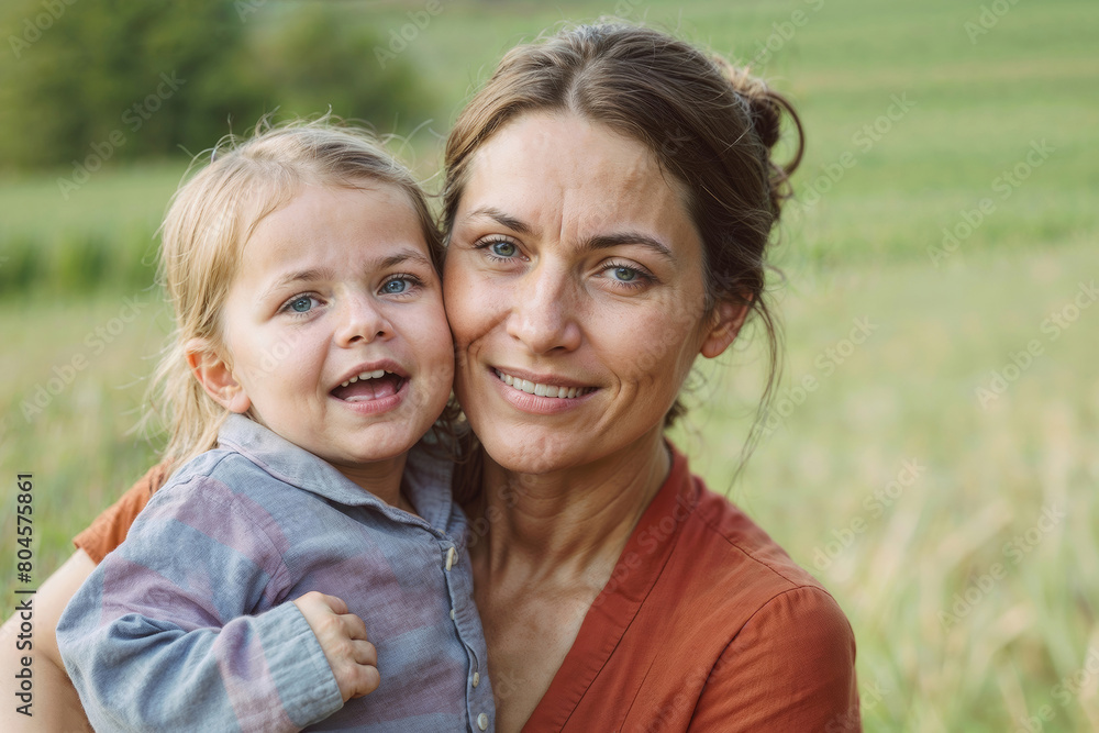 European woman is holding a young girl. The girl is smiling and the woman is smiling back. Scene is happy and loving European woman is holding a young girl. The girl is smiling and the woman is smiling back. Scene is happy and loving