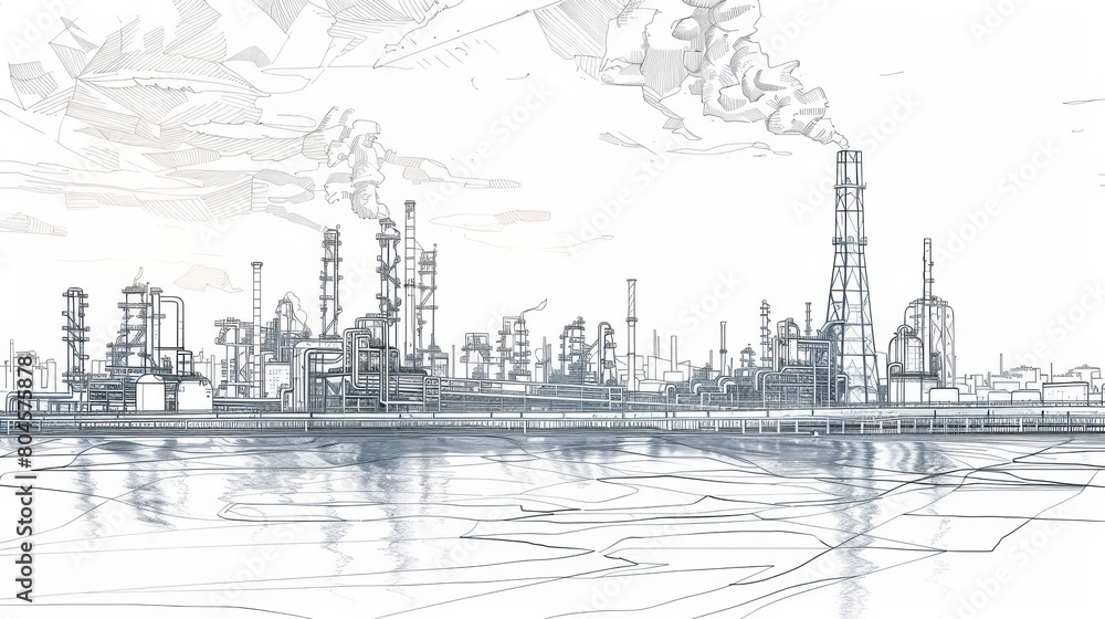 © Elchin Abilov - Line drawing depicting an industrial landscape featuring an oil refinery plant, representing the oil industry, with the sky depicted in a separate layer.