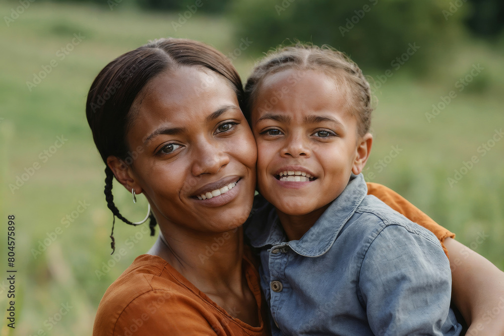 African mother and African daughter hugging in countryside on blurred green background African mother and African daughter hugging in countryside on blurred green background