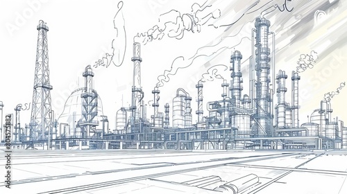 Line drawing depicting an industrial landscape featuring an oil refinery plant, representing the oil industry, with the sky depicted in a separate layer. © Elchin Abilov