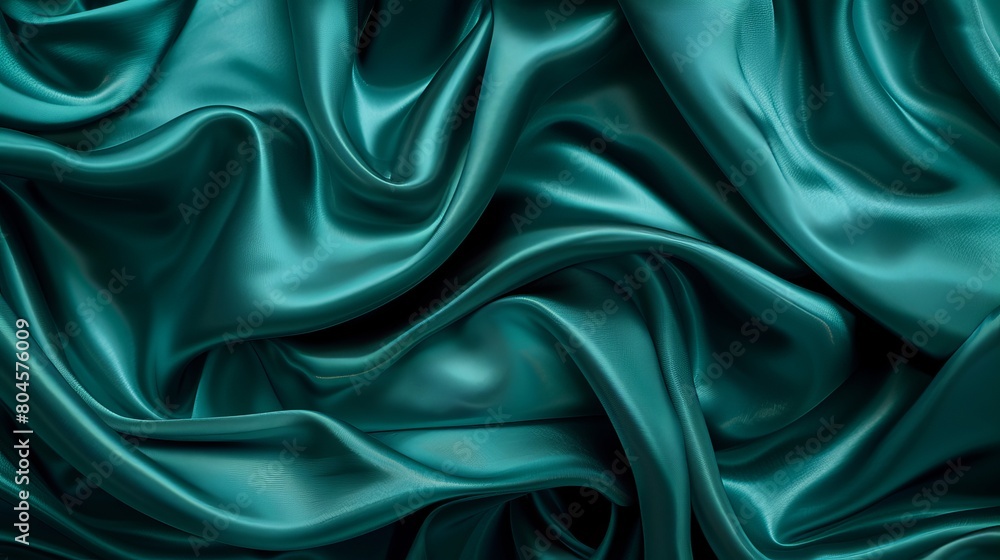 Obraz premium Dark teal green silk satin. Shiny smooth fabric. Soft folds. Luxury background with space for design. web banner. Flat lay, top view table. Birthday, Christmas, Valentine, New year