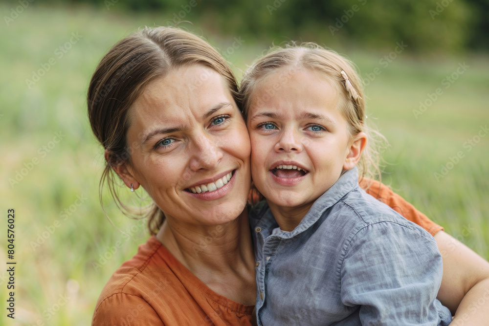 European woman is holding a young girl. The girl is smiling and the woman is smiling back. Scene is happy and loving European woman is holding a young girl. The girl is smiling and the woman is smiling back. Scene is happy and loving
