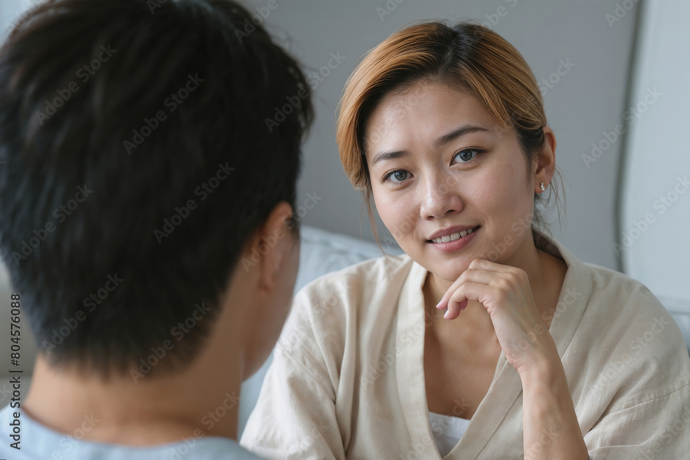 Asian couple at home sitting in sofa and having a talk Asian couple at home sitting in sofa and having a talk