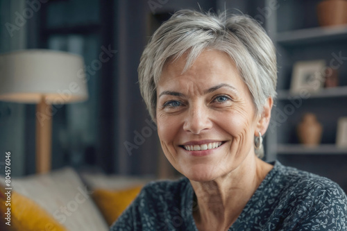 Free Download Face of a beautiful smiling 50-year-old woman with gray short hair against a dim, heavily blurred background of a bright living room - GFXLoad