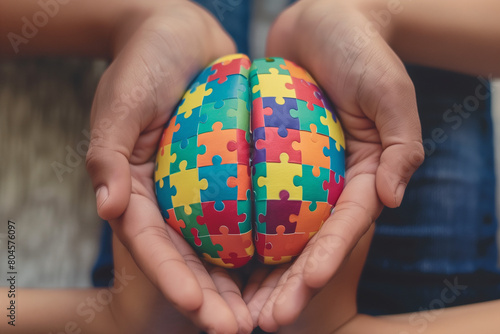 Adult and children hands holding brain with puzzle paper cutout, autism, memory loss, dementia, epilepsy and alzheimer awareness, world mental health day concept