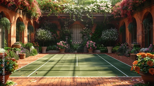A tennis court with a garden and flowers, symbolizing the beauty of the game photo