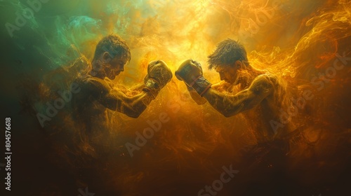 Intense boxing match dynamic action of two resilient male fighters battling fiercely in the ring