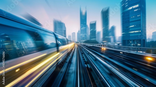A futuristic cityscape backdrop as a high-speed train zooms through the urban landscape. 