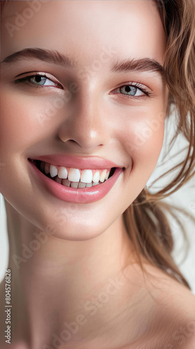 Beautiful smile of young woman with healthy white teeth on white background  Dental care Dentistry concept