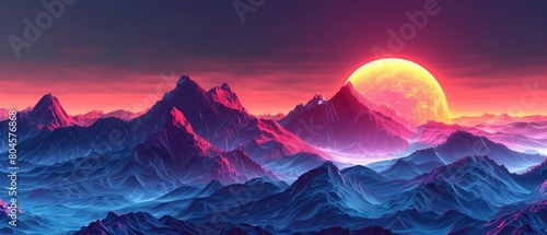 A beautiful landscape of a mountain range at sunset. The sky is a gradient of purple and pink, and the mountains are a deep blue. The sun is setting behind the mountains, and its rays are casting a go photo