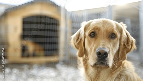 A male dog standing in front of a doghouse at an animal shelter. Concept Pet Photography, Animal Shelter, Dog Portraits