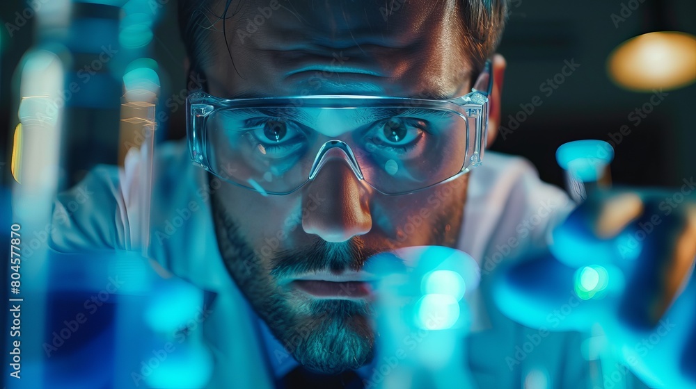 Scientist wearing protective glasses while conducting experiments in a laboratory environment. Scientist wearing protective glasses while conducting experiments in a laboratory environment.