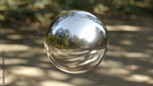  A shiny metal ball mirroring trees on its surface