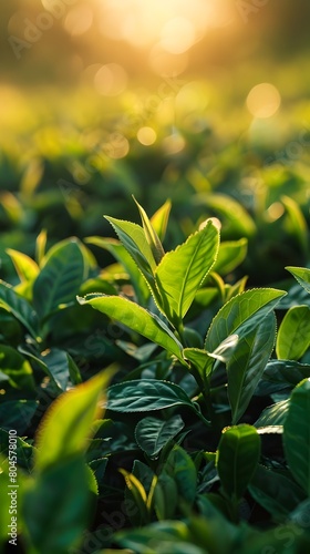 Vibrant Matcha Leaves Basking in Golden Hour Light  The Essence of Green Tea Field s Origin