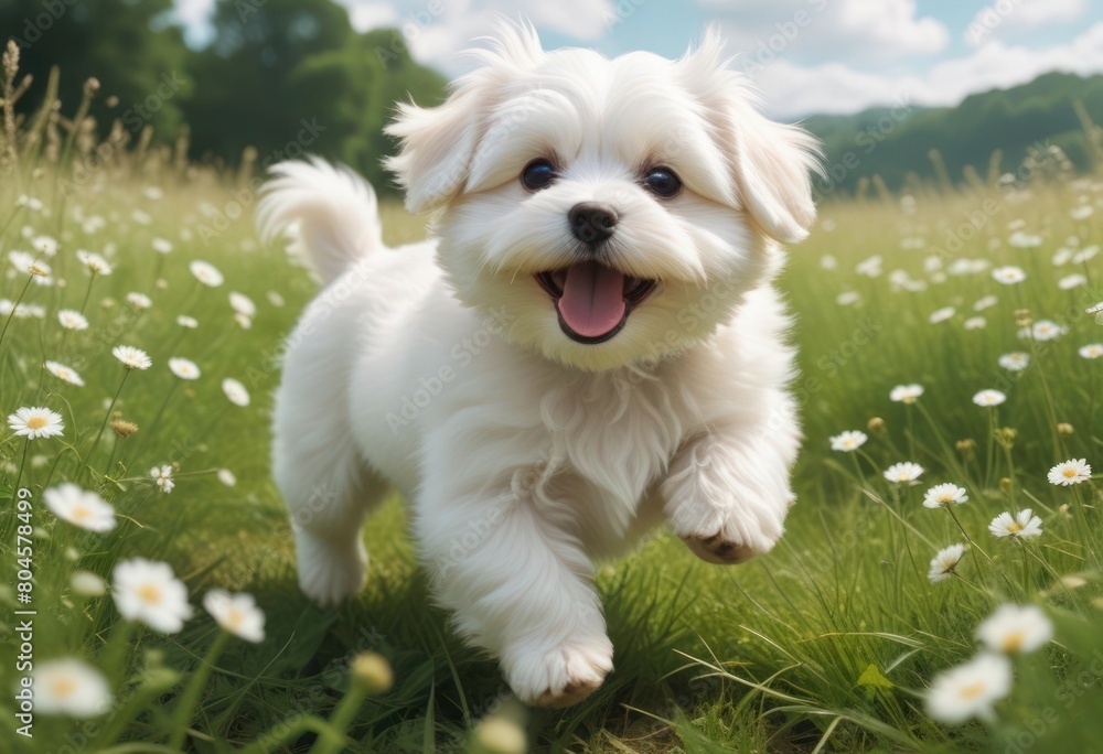 Maltese domestic dog puppy running across a meadow, Rhineland-Palatinate Maltese domestic dog puppy running across a meadow, Rhineland-Palatinate