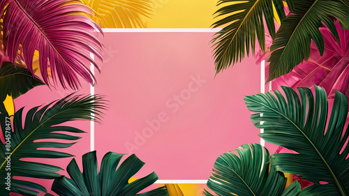 summer Bali style mock-up wallpaper with floral frame colorful leaves palm shape on soft pink background, trendy bright pink and yellow colors botanical tropical leaves. holidays concept