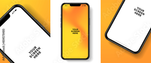 Realistic smartphone mockup. Mobile phone vector with isolated on white background. Device front view. 3D mobile phone with shadow. Realistic, high quality smart phone mockup for ui ux presentation.