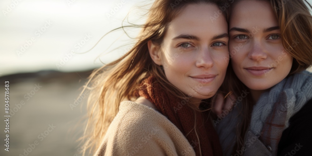 Fototapeta premium Two young women in love hugging on the beach, close-up portrait of lesbians. Generative AI.