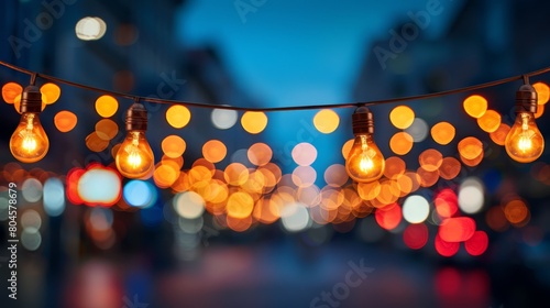   A string of light bulbs dangling from a city street's overhead wire at night, their blurred glow illuminating the surrounding haze © Mikus