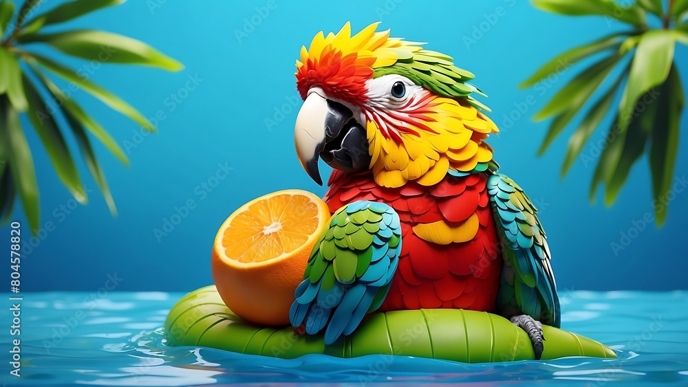 Naklejka premium Cute parrot with fruits on tropical blue background. Summer concept