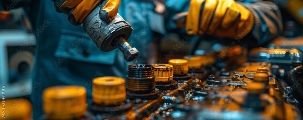 Close-up of a mechanic working on machine parts