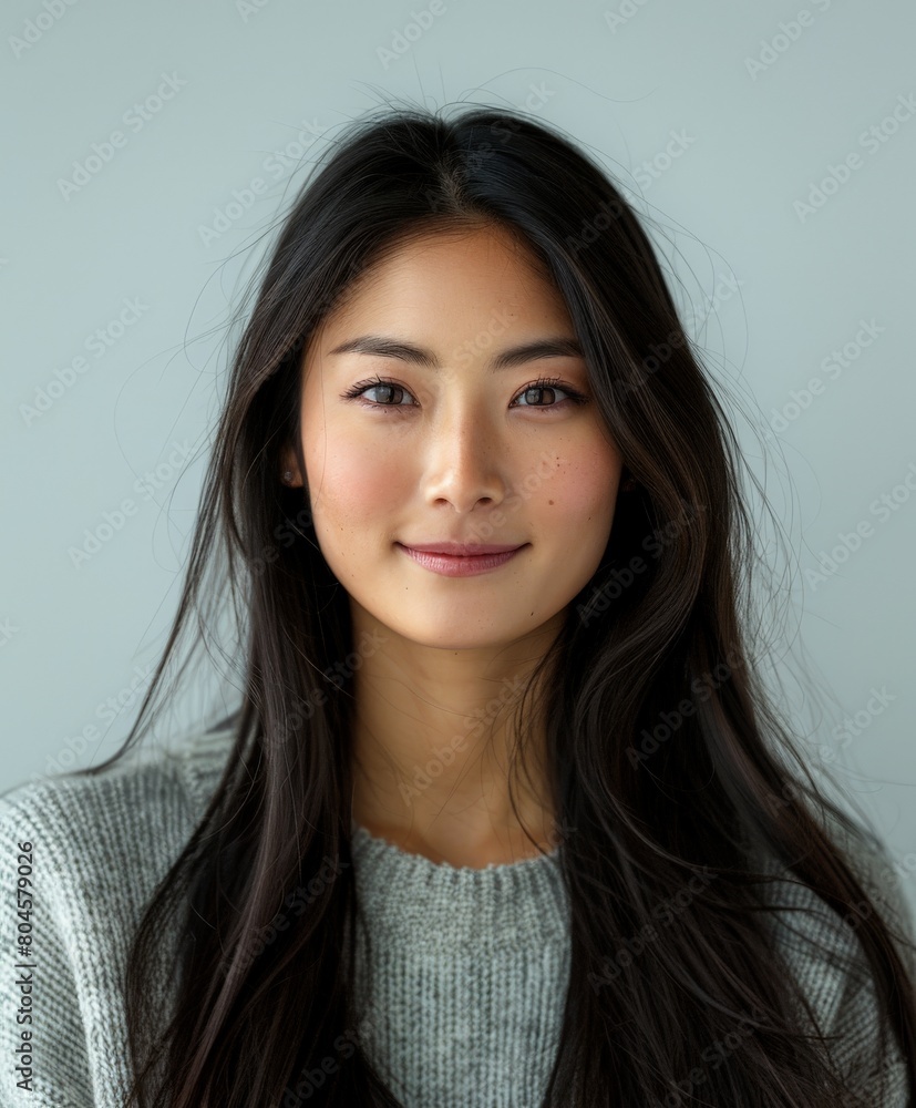 Young Japanese Woman in Gray Sweater With Long Dark Hair Young Japanese Woman in Gray Sweater With Long Dark Hair