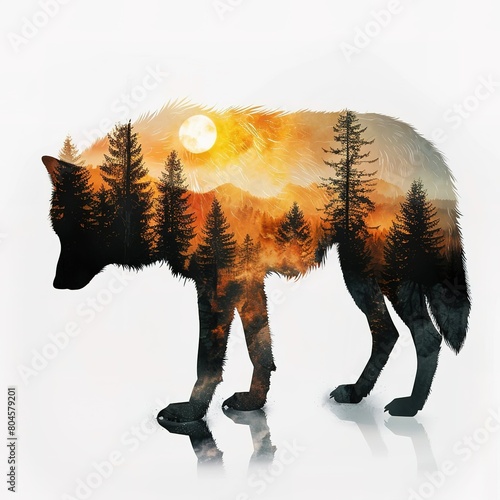 Double exposure of wolf silhouette with forest landscape  jungle sunset  fascinating nature. 