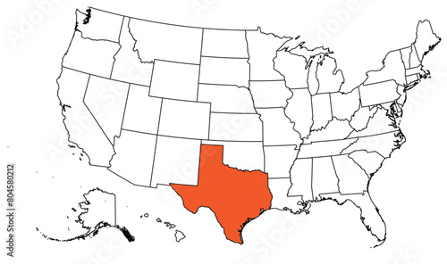The outline of the US map with state borders. The US state of Texas