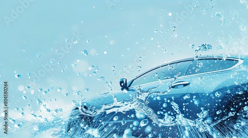 Wide banner depicting a car wash scene, featuring a backdrop of a car being washed with ample copy space, set against a light blue hue.