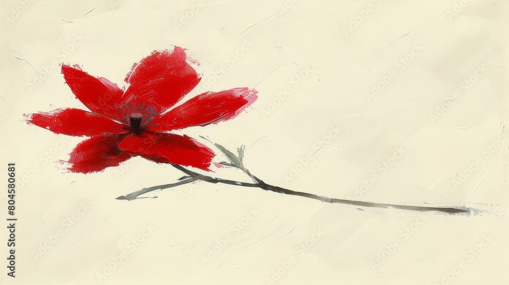 A red flower against a white backdrop, accompanied by its shadow to the painting's left A red flower against a white backdrop, accompanied by its shadow to the painting's left