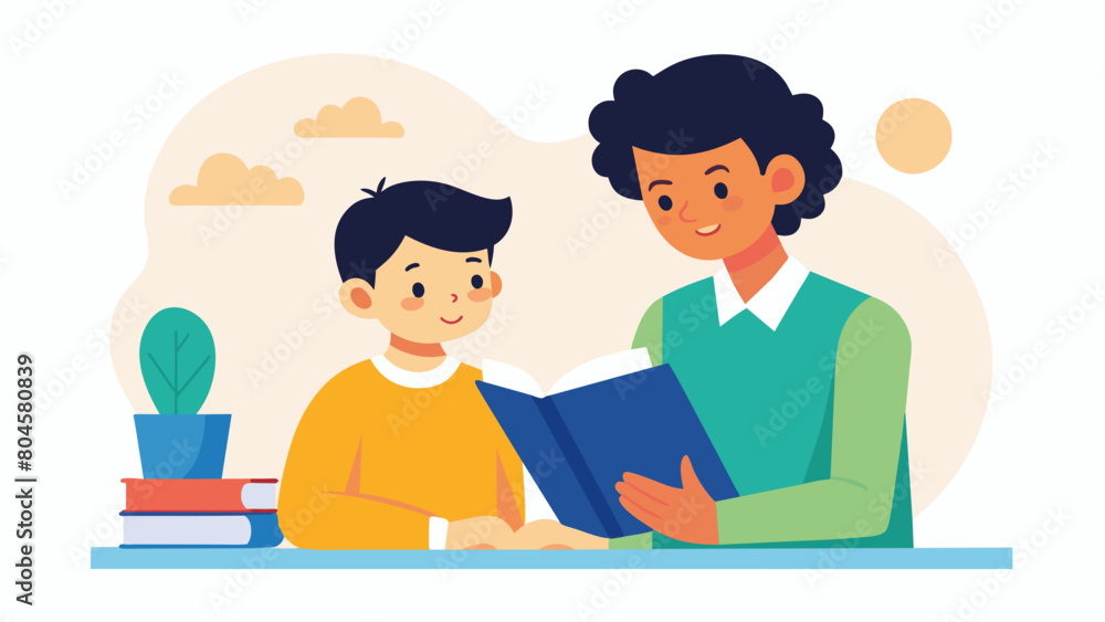 A mentor with dyslexia helps their mentee with dyslexia find ways to improve their reading comprehension and overcome challenges in school.. Vector illustration