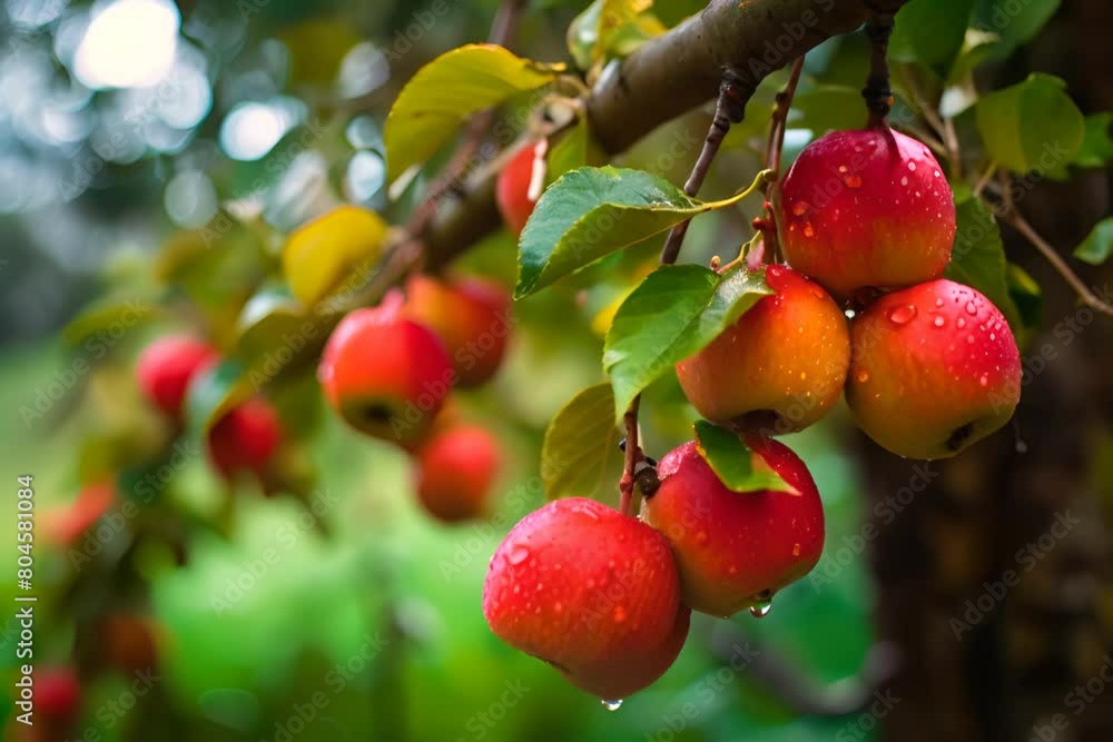 Red apples on tree branch with rain drops. Red apples on tree branch with rain drops.