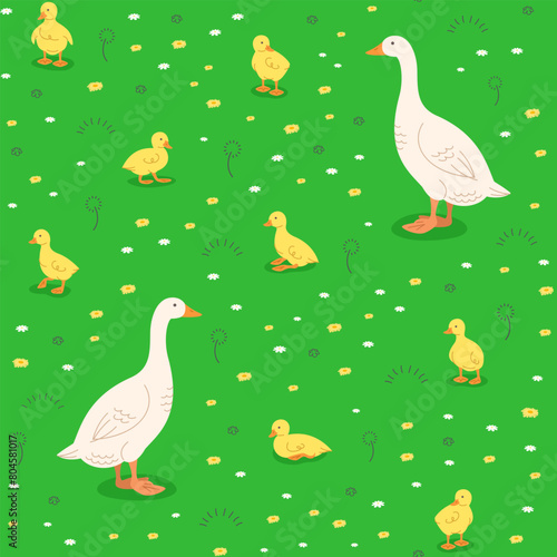 Mother goose with cute little goslings in green meadow. Seamless background pattern. Hand drawn cartoon baby goose in different poses playing in green grass. Wallpaper or textile pattern for kids