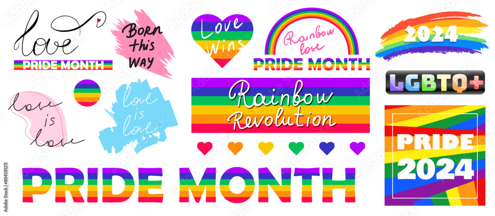 Set of lgbt stickers and inscriptions for pride month. 2024. Vector graphics.