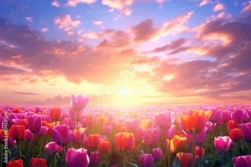 spring flowers on a field at sunset