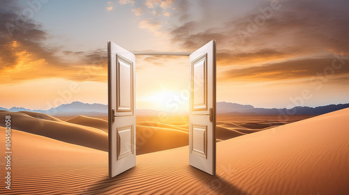 Open door in the desert signifying opportunity and the benefits of an open mind photo