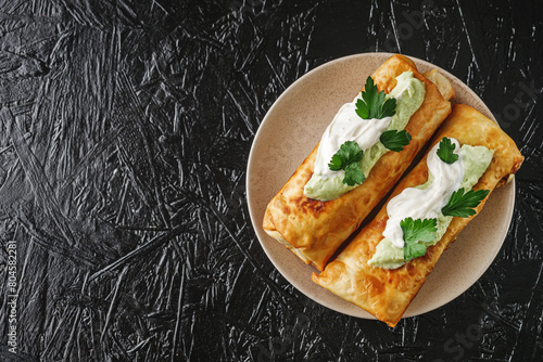 set of delicious fresh colorful deep-fried chimichanga on a dark background